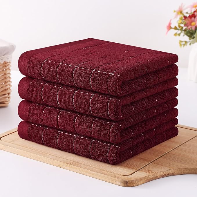 Homaxy 100% Cotton Terry Kitchen Towels(Brick Red, 13 x 28 inches), Checkered Designed, Soft and Super Absorbent Dish Towels, 6 Pack
