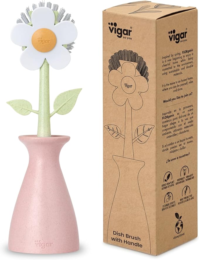 Vigar Florganic Daisy-Shaped Dish Brush with Vase Dish Brush Holder, Dish Brush with Handle, for Pot Scrubber, Kitchen Dishes, and Sink Cleaning, Pink