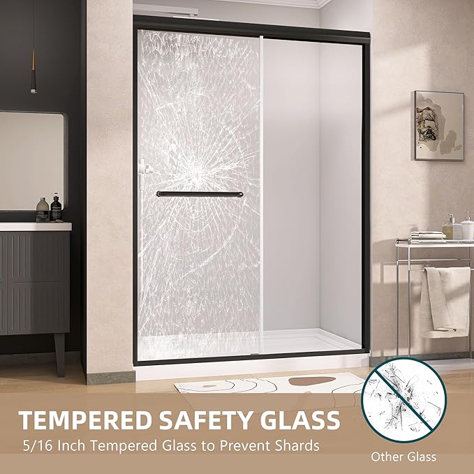 GETPRO Shower Door 44-48 in. W x 75 in. H Semi-Frameless Double Sliding Glass Shower Doors, Bypass Glass Door for Walk-in Shower with 5/16 inch Tempered Glass Matte Black Hardware