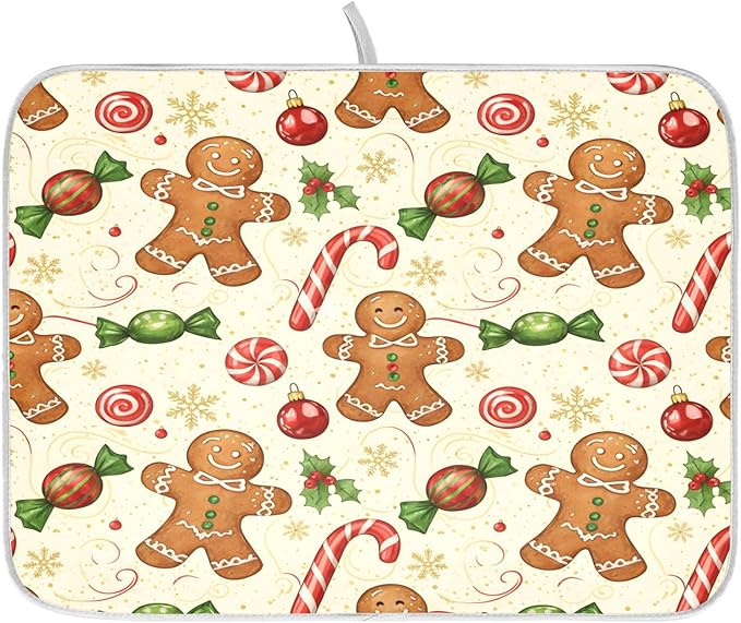 Christmas Gingerbread Cookie Man Sugar Dish Drying Mat for Kitchen Counter Absorbent Microfiber Large Drying Pad Dish Mats for Kitchen Countertops 18 x 24 Inch