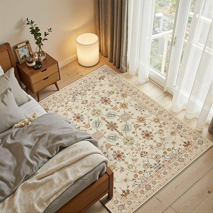 Floral Rug for Living Room Bedroom, 3x5 Washable Area Rug, Vintage Boho Throw Rugs, Non Slip & Low Pile Carpet for Indoor Dining Room, Girls Room, Nursery Room and Kids Room(Apricot 3x5ft)