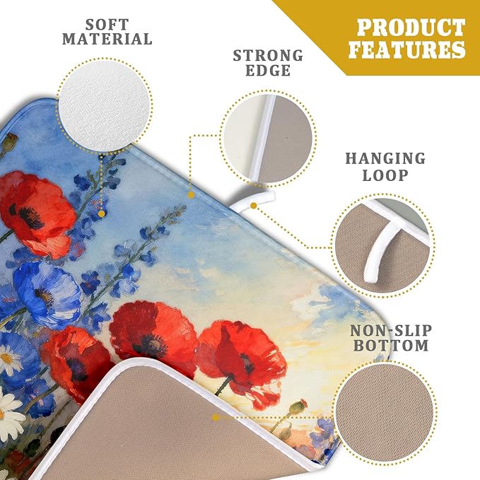 4th of July Dish Drying Mat for Kitchen Counter 16x18 Patriotic Floral Independence Day Memorial Holiday Absorbent Reversible Microfiber Drying Mats Kitchen Countertop Protector Dishes Drainer Pad
