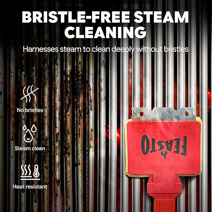 Bristle Free Grill Brush with Scraper for Outdoor Grills, Reinforced Steam BBQ Cleaning Brush with Replaceable Cleaning Head, Safe Grill Cleaner for Cast Iron & Stainless Steel Grates, Red