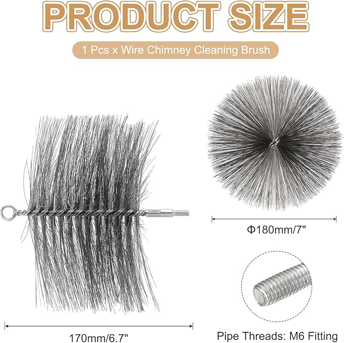 PATIKIL 7" Wire Chimney Cleaning Brush, Steel Round Chimney Sweep Brush with 1/4 NPT Fitting for Cleaning Fireplace Burning Stove Tent Dryer Pipes, Silver
