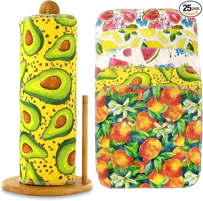 25 Pack Reusable Paper Towels, Paperless Towels Roll Washable Cotton Cloth for Kitchen Towels Zero Waste Products Alternative Paper Towels Alternative (Fruit01)