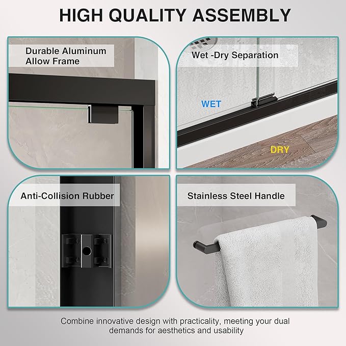 KPUY Glass Shower Door, 61-66" W x 76" H Semi-Frameless Double Sliding Shower Door, 1/4" (6mm) Thick Tempered Clear Glass with Explosion-Proof Film Nano Coating, Matte Black