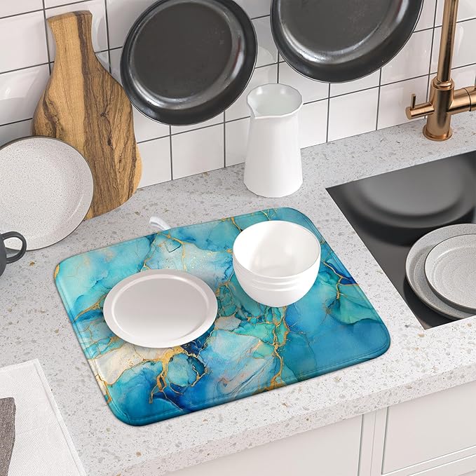 Marble Print Dish Drying Mat for Kitchen Counter,Blue Teal Turquoise Gold Drying Mat 16 x 18 Inch with Absorbent Reversible Microfiber Drying Pad for Coffee Bar