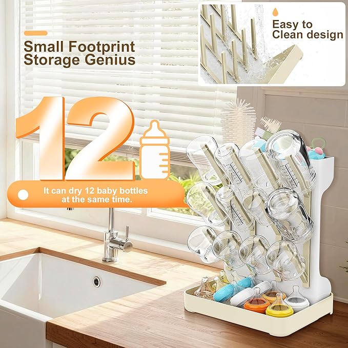 Baby Bottle Drying Rack: Vertical Space Saving Countertop Drying Rack - BPA-Free Baby Accessories Storage Stand Organize Brushes Pacifiers on Countertop - Elegant Grey