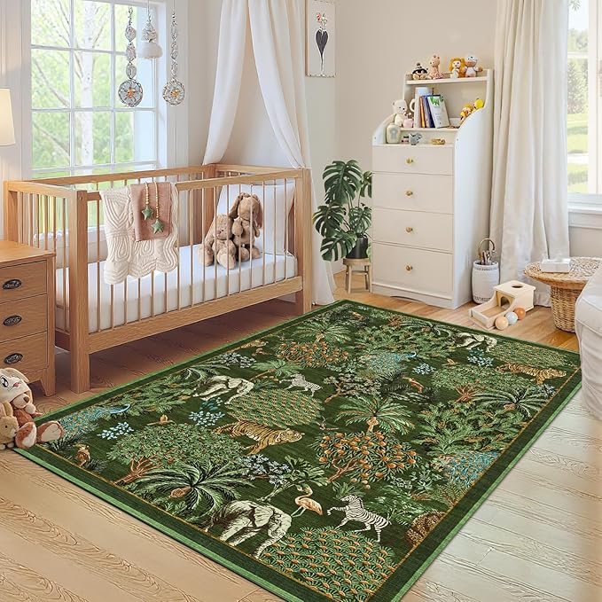 GarveeHome Jungle Animal Print Rug 4x6 Washable Area Rugs for Living Room, Forest Rug Non Slip Soft Low Pile Stain Resistance Throw Carpet for Bedroom Kids Playroom Nursery, Dark Green