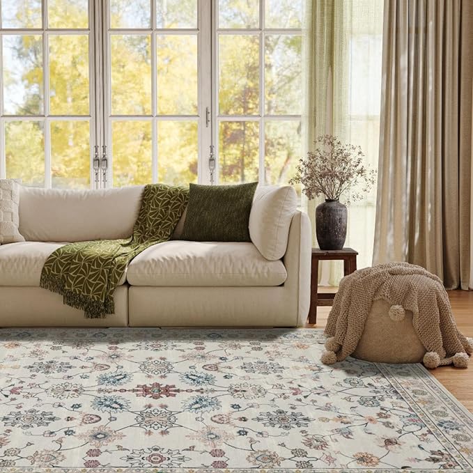 Floral Rug for Living Room Bedroom, 6x9 Washable Rug, Vintage Boho Area Rug, Large Non Slip Low Pile Wool Carpet for Indoor Dining Room,Girls Room,Nursery Room and Kids Room(Grey 6x9ft)