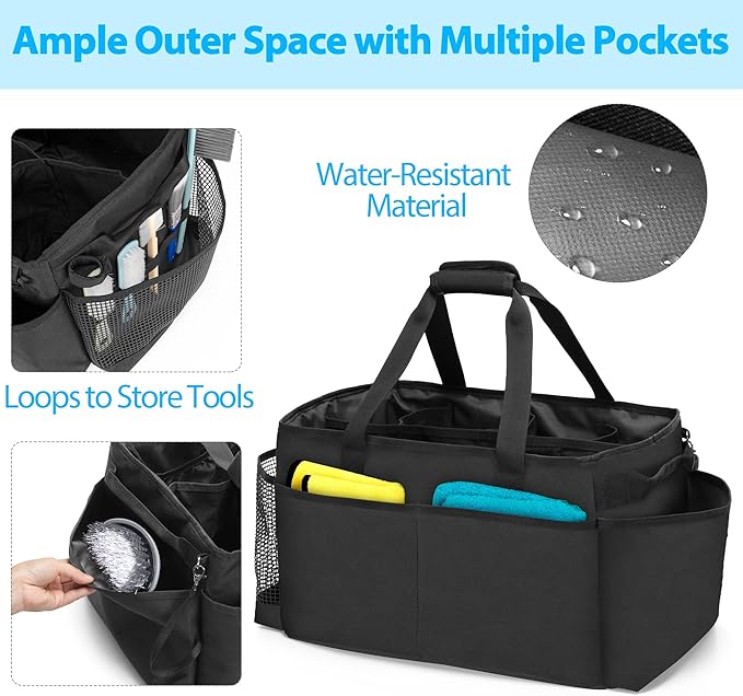Extra-Large Cleaning Caddy & Large Apron, Organizer with Handle & Apron with Dual Shoulder Straps For Cleaning Tools Storage, Black