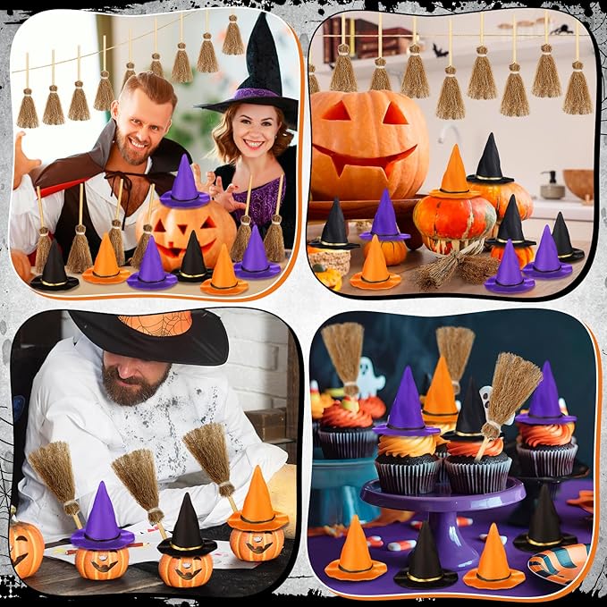 48 Pcs Mini Witch Hats and Broom for Crafts Halloween Wizard Accessories for Party Favors Decor (Black Purple Orange,1.97 Inches)