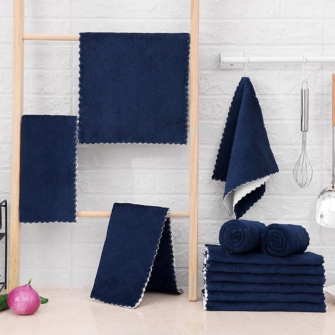 Mordimy 24 Pack Kitchen Towels (20" x 10", Navy Blue & White), Super Soft and Absorbent Dish Towels, Coral Velvet Microfiber Cleaning Cloth, Nonstick Oil Fast Dry Dish Cloths