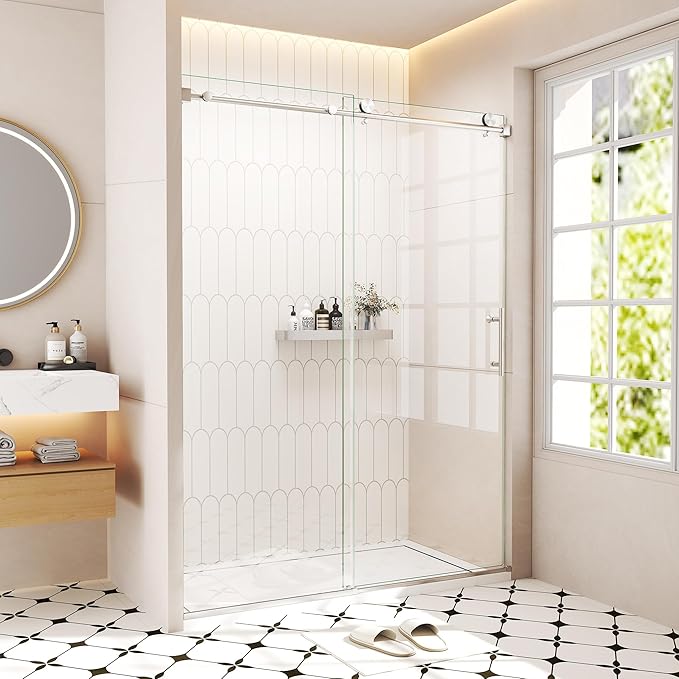 Frameless Sliding Shower Door 56–60 in W x 76 in H, 10mm Clear Tempered Glass Shower Doors Glass Sliding 60 Inches, Single Nano Coating, Stainless Steel Hardware, Silent Smooth Rollers, Brushed Nickel