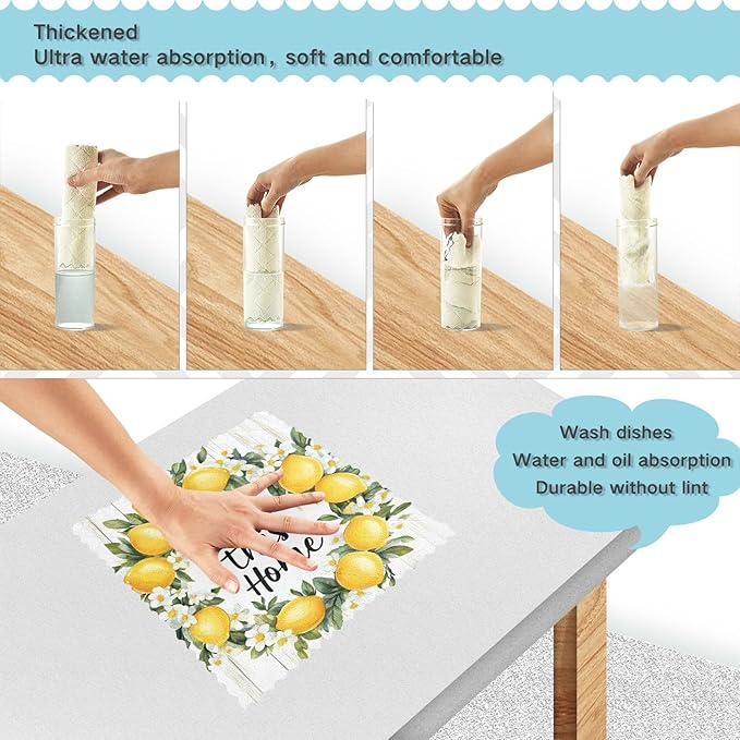 ALAZA Kitchen Towels Summer Lemon Wreath Dish Towels Multipurpose Reusable Dish Cloths Soft Cleaning Cloth Kitchen Accessories Set of 6,11"x11"