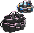 LoDrid Cleaning Caddy Bag with Handle and Shoulder Strap, Cleaning Supplies Organizer for Cleaning Work with 3 Compartments and Multifunctional Pockets, Black with Pink Edge