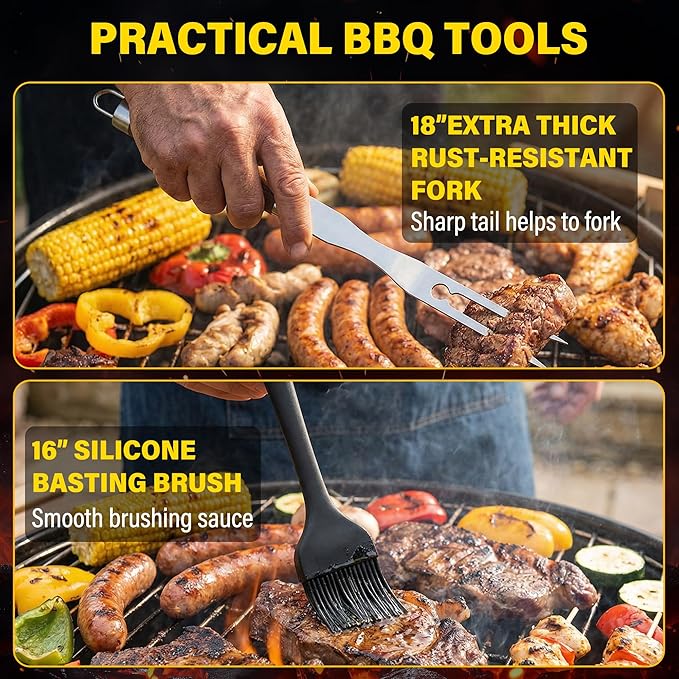 BBQ Grill Accessories Set, Grill Tools Grilling Accessories Grilling Gifts for Men - Spatula, Fork, Brush, Tongs & Cleaning Brush - Outdoor Barbecue Utensils Gifts for Men Dad Him (Wood)