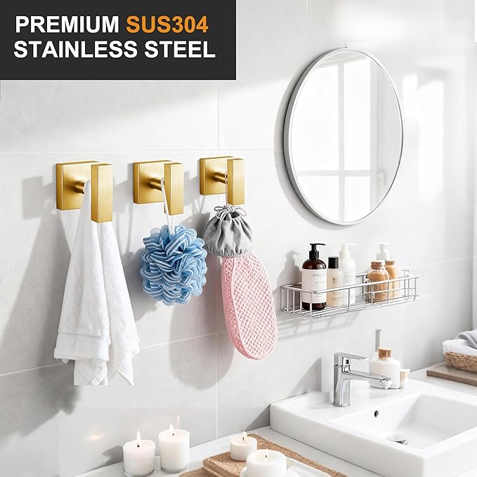 Towel Hooks for Bathrooms, Brushed Gold Towel Hook for Kitchen Bathroom, SUS304 Stainless Steel Coat Hook, Square Heavy Duty Holder Robe Hooks for Hanging Towels, Coats, sponges, Wall Mount, 2 Pack