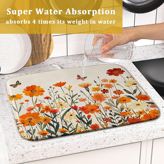 Fall Orange Wildflower Dish Drying Mat for Kitchen Counter,Autumn Floral Butterflies Drying Mat 16 x 18 Inch with Absorbent Reversible Microfiber Dish Drying Pad Dish Pad for Coffee Bar