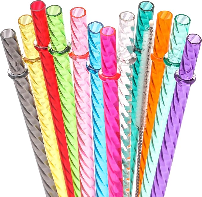 Dakoufish 10 Inch Reusable Clear Plastic Swirl Drinking Straws for 16 oz & 24 oz Jars/Tumblers,Set of 12 Pcs Replacement Straws with Cleaning Brush (10inch,12color)