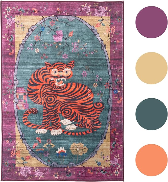 Vintage Green Tiger Rug Washable 6x9 Oriental Traditional Animal Print Purple-Green Floral Tibetan Rugs for Bedroom Kitchen Living Room Indoor Entryway Carpet Thin Rug