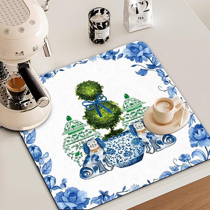 Chinoiserie Dish Drying Mat - Blue And White Green Porcelain Dish Drying Mat,Chinoiserie Dog Drying Mat For Kitchen Counter,Vintage Chinoiserie Drying Mat,Coffee Bar Mat,16x17.5 Inch