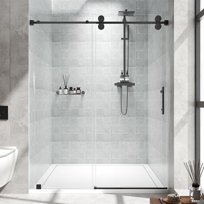 Frameless Sliding Shower Door 56–60 in W x 76 in H, 10mm Clear Tempered Glass Shower Doors Glass Sliding 60 Inches, Double Nano Coating, Stainless Steel Hardware, Silent Smooth Rollers, Matte Black