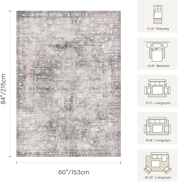 Vintage 5x7 Washable Area Rugs, Grey Rug for Living Room, Bedroom, Dining Room, Kitchen, Boho Indoor Soft Nursery Rugs for Classroom Dorm, Non Slip Low Pile Distressed Carpets for Office