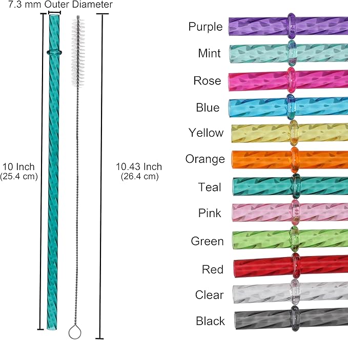 Dakoufish 10 Inch Reusable Clear Plastic Swirl Drinking Straws for 16 oz & 24 oz Jars/Tumblers,Set of 12 Pcs Replacement Straws with Cleaning Brush (10inch,12color)