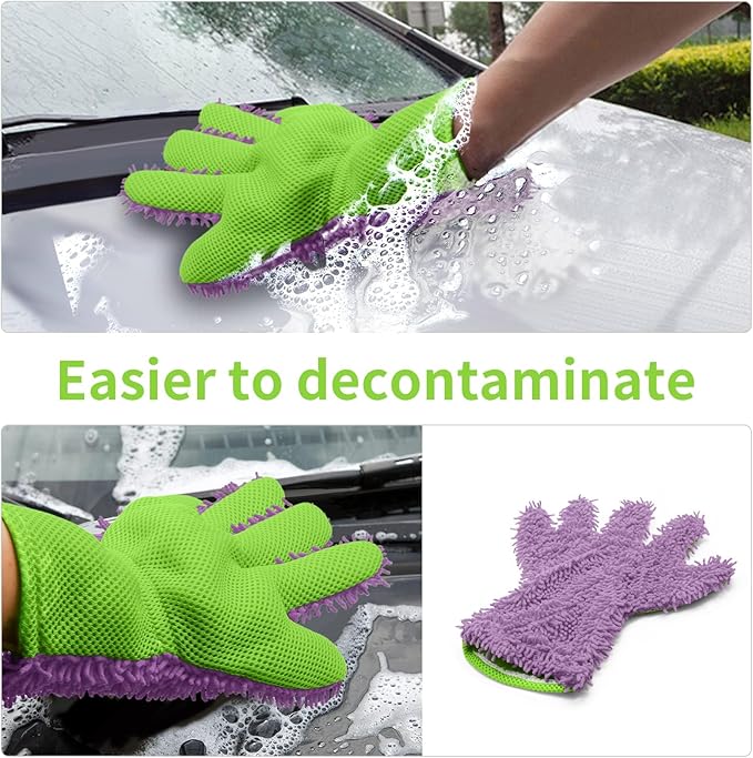 BokWin 2-Pack Car Wash Mitt Scratch Free, 5-Finger Microfiber Wash Mitts, Car Interior Exterior Cleaning Gloves, Auto Chenille Washing Sponge Kits for Cleaning Wheel Tight Spot(Purple)