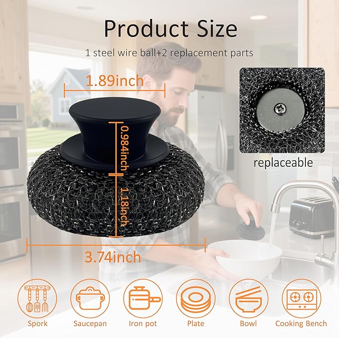 Stainless Steel Wool Scrubber with Rubber Handle & 2 Pads for Cleaning Dishes, Kitchen Pots, Pans, Grills (Black)