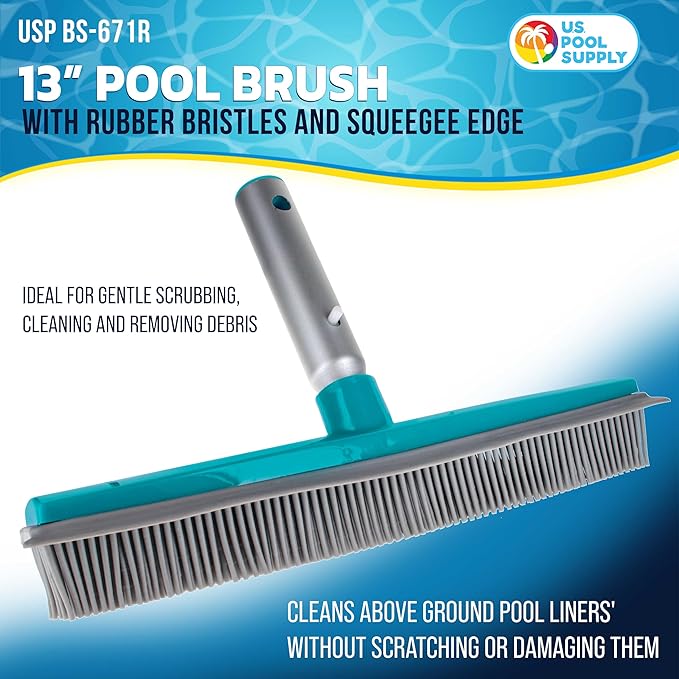 U.S. Pool Supply 13" Pool Brush with Rubber Bristles and Squeegee Edge - Safe for Vinyl Liners, Ideal for Above-Ground Pools, Aluminum Pole Handle - Scrub Leaves Debris from Walls, Floors, Corners