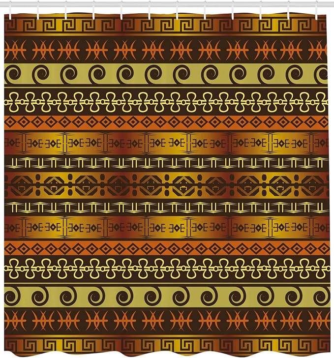 Ambesonne Prehistoric Shower Curtain, Indigenous Geometric Motifs Ornament Traditional Tribal, Cloth Fabric Bathroom Decor Set with Hooks, 69" W x 70" L, Brown Yellow Pale Orange