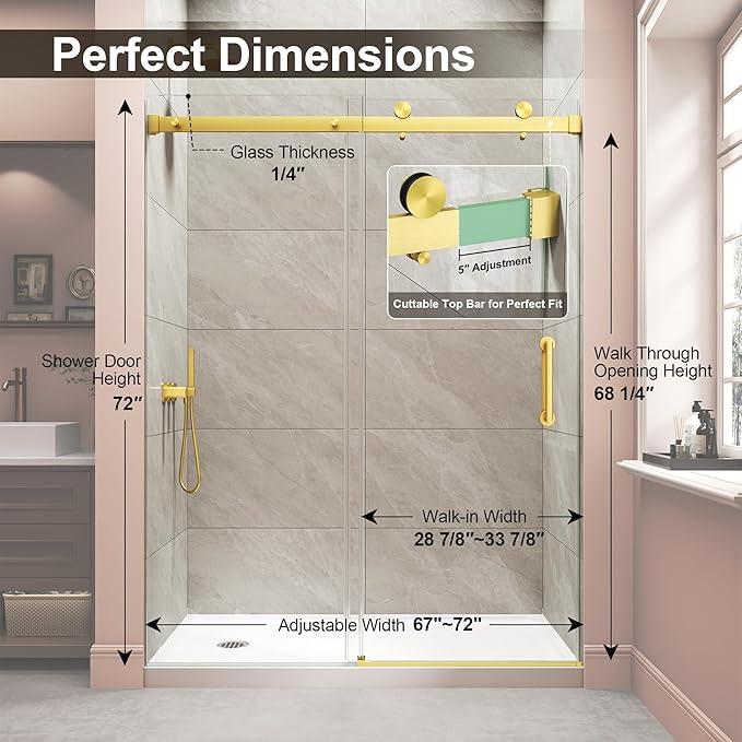 Frameless Shower Door,Single Sliding Glass Shower Door with Nano Coating & Safety Film, Adjustable 67"-72" W x 72" H, Brushed Gold,1/4" (6mm) SGCC Tempered Glass