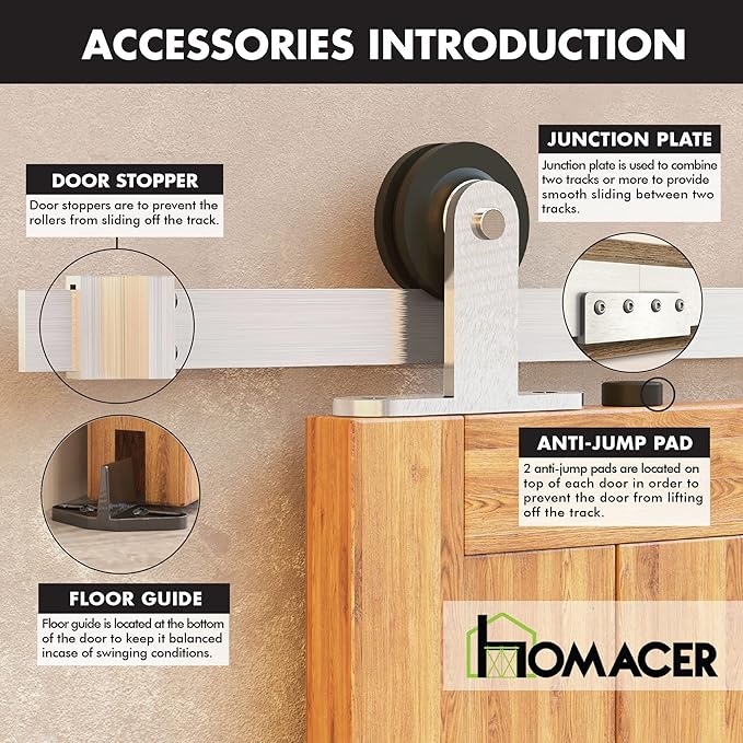 Homacer Brushed Nickel Non-Bypass Sliding Barn Door Hardware Kit, for One/Single Door, 9ft Long Flat Track, T-Shape Design Roller, Heavy Duty, for Interior & Exterior Use