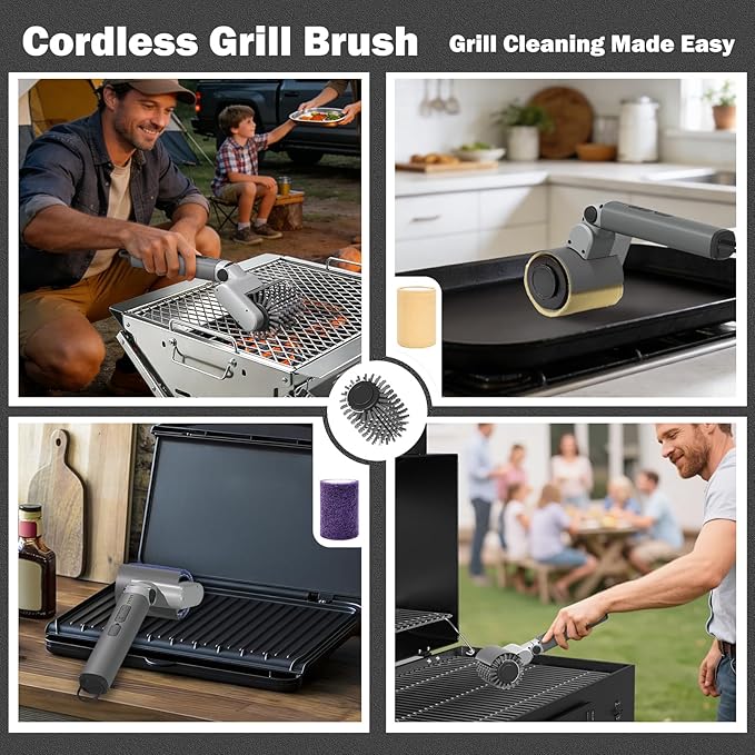 Electric Grill Brush Cleaner for Outdoor,150Mins BBQ Grill Cleaner with 3 Heads, 3-Speed & Angle Adjust Cordless Rotary Grill Brush,Waterproof Motorized Grill Cleaning Brush Kit for Barbecue Grates