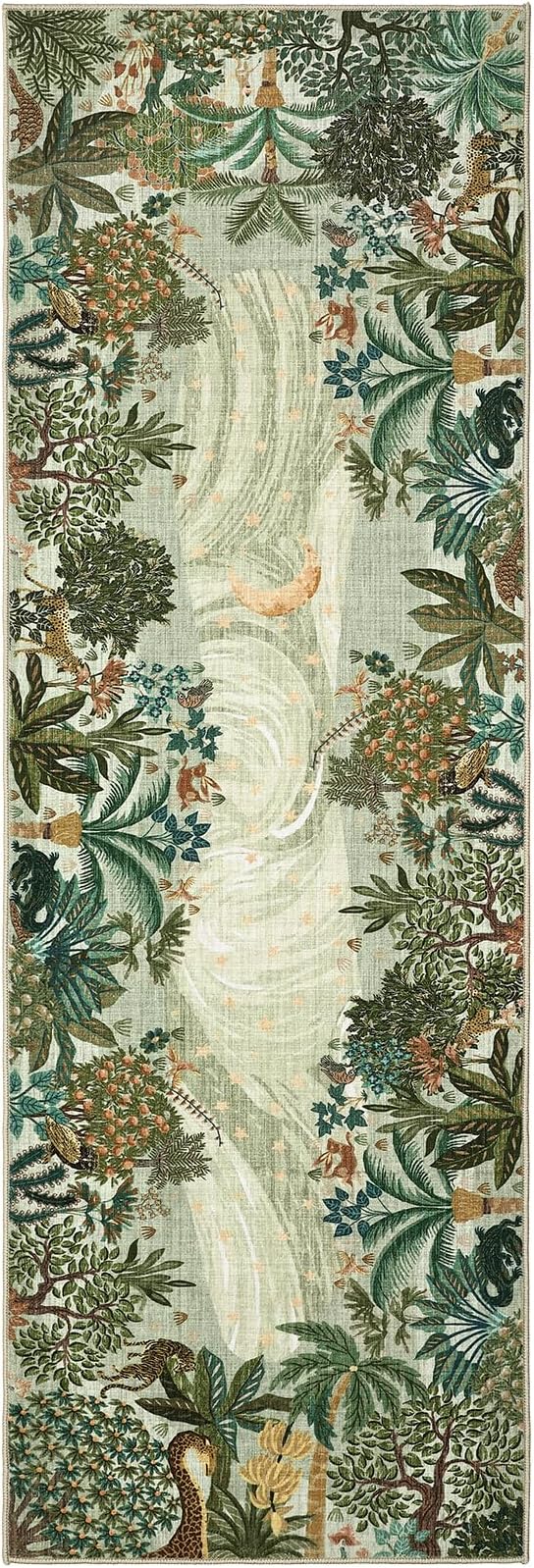 GarveeHome 2x6 Jungle Washable Runner Rug for Kitchen, Soft Animal Print Hallway Runner Non Slip Green Entryway Rug Farmhouse Laundry Mat Stain Resistant Carpet for Bedroom Bathroom