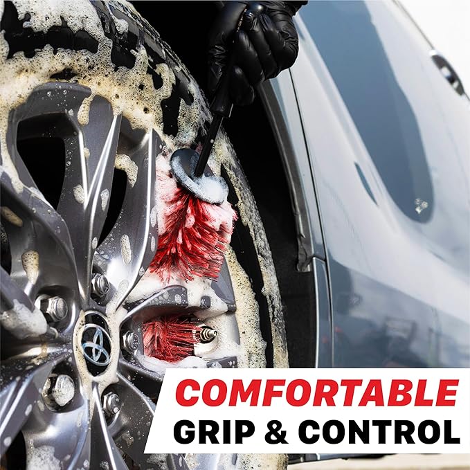 Maxshine Wheel & Rim Brush 10” – Large Soft Bristle PP Material with Comfort Grip & Knuckle Guard – Scratch-Free Wheel Cleaning Brush – Universal Car Detailing Tool for Rims & Tires