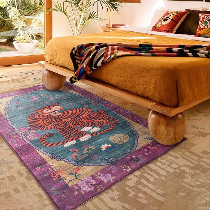Tiger Rug Washable 4x6 ft Oriental Traditional Animal Print Vintage Purple-Green Floral Tibetan Rugs for Bedroom Kitchen Living Room Indoor Entryway