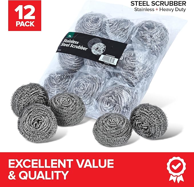 Stainless Steel Scrubber (12 Pack) Stainless Steel Wool Scrubber Sponge for Cleaning Dishes, Cast Iron Pots and Pans, Grills and Appliances, Heavy Duty Stainless Steel Scouring Pad for Tough Residue