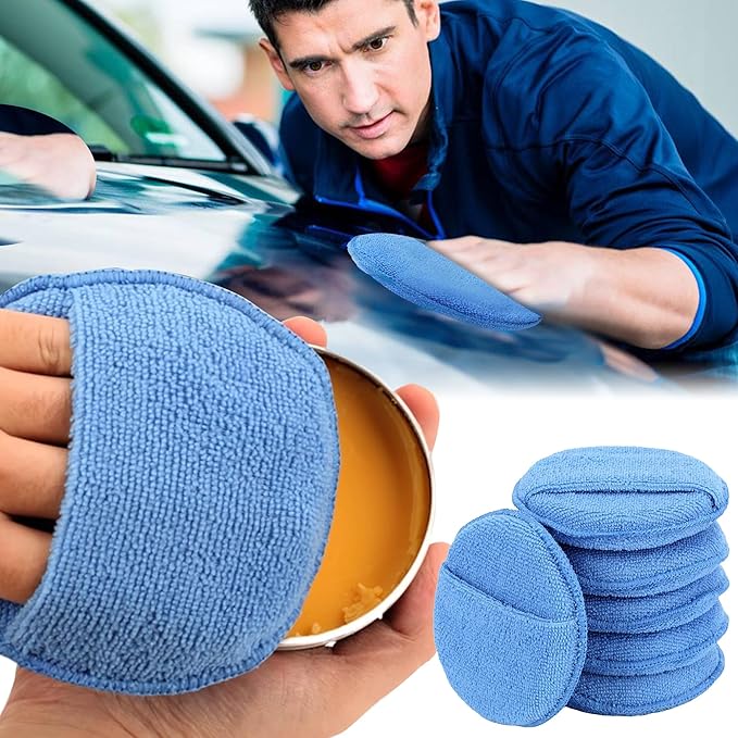 Auto Care Microfiber Wax Applicator Pads with Finger Pocket, Blue, Ultra-Soft 70/30 Blend, 5 Inch Diameter, 6 Pack, for Cars, Trucks, Motorcycles