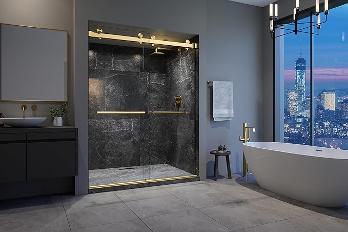 VITRA-200 56.5-59" W x 78" H Frameless Shower Door, Double Sliding with 3/8" Clear Tempered Glass (Satin Brass - Double Towel Bars)