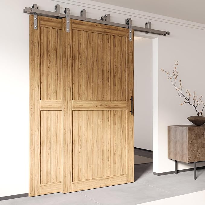 Homacer Brushed Nickel Double Track U-Shape Bypass Sliding Barn Door Hardware Kit, for Two/Double Doors, 14ft Long Flat Track, Classic Design Roller