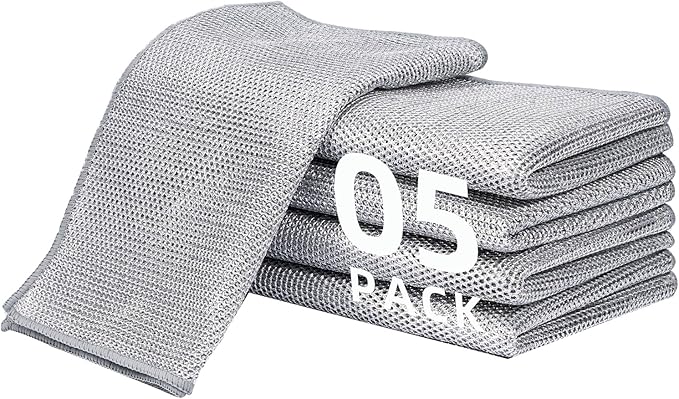 5 Pack Extra Large Non Scratch Wire Dishcloths, 30x30cm Double-Layer Silver Thread Kitchen Cleaning Rags, Dual-Sided Wet & Dry Reusable Steel Wire Dish Cloths for Cookware, Sinks, Stovetops