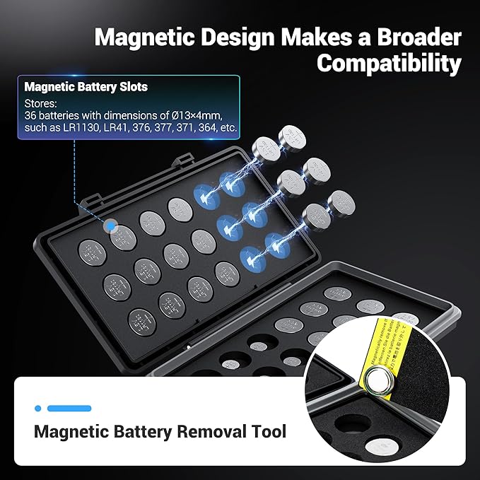 376 377 LR1130 LR41 371 364 Size 312 675 Small-Sized Battery Magnetic Case Holder Storage, Button Coin Cell Battery Case Container for 36x lithium Batteries, Water-Resistant Anti-Lost (No Batteries)