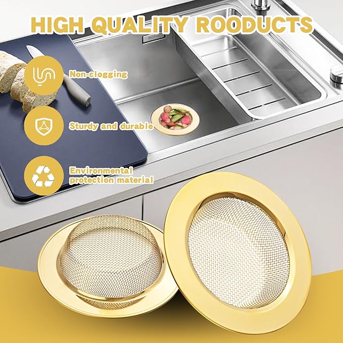RQYEKDO 2-Pack Kitchen Sink Strainer Stainless Steel with Fine Mesh | 4.4" Wide Rim Drain Strainer | Fits Standard Sinks & Garbage Disposals (Gold)