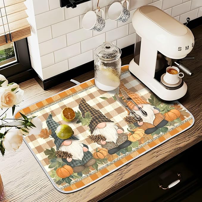Fall Pumpkin Gnomes Maple Leaves Autumn2 Dish Drying Mat for Kitchen Counter Absorbent Microfiber Large Drying Pad Dish mats for Kitchen Countertops 18 x 24 Inch