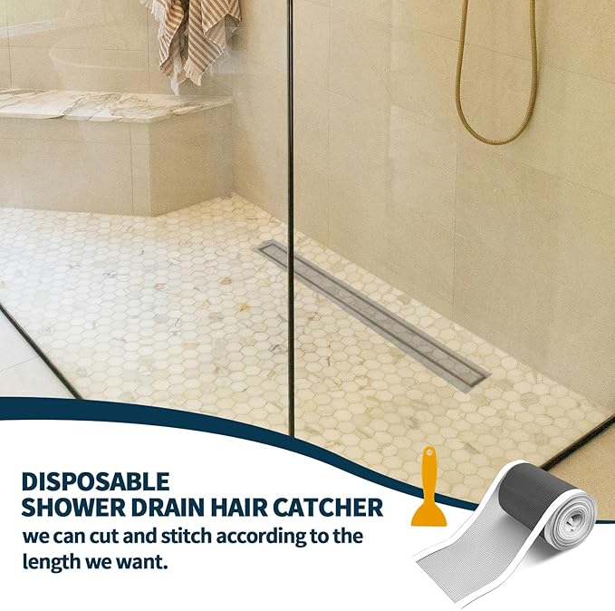2 PCS 4.7 Inch x 33 FT Disposable Shower Drain Screen Self-Adhesive Stickers, with Cleaning Shovel, Showers Drain Hair Catcher, Shower Drain Mesh Stickers for Bathroom Kitchen Sink