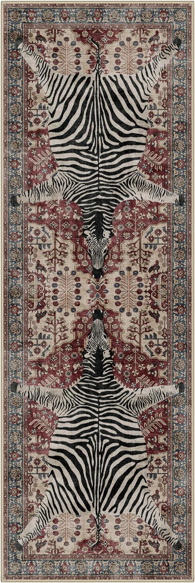 Bavni 2x6 Zebra Rug, Machine Washable Soft Animal Print Runner Rug Non Slip Boho Low Pile Non-Shedding Hallway Print Carpet for Kitchen Entryway Nursery Bedroom,Red
