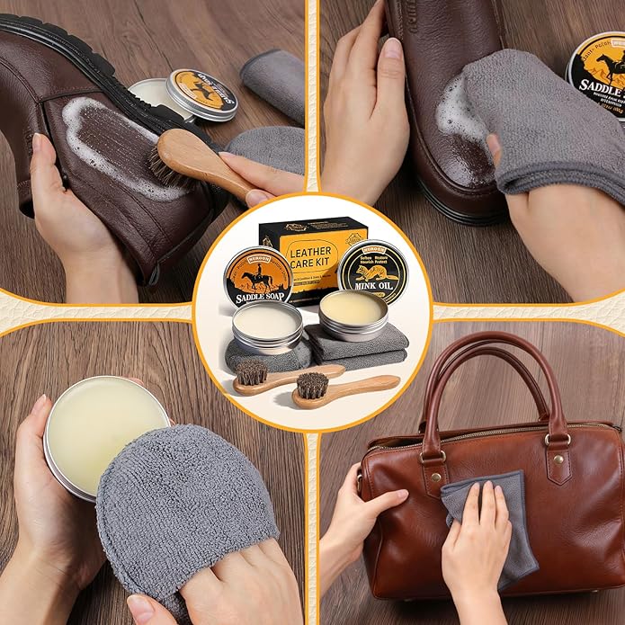 7 Pcs Leather Cleaner Boots Shoes Care Kit-3.52oz Saddle Soap for Leather Items Cleaning, 3.52oz Mink Oil for Shoes Polishing, Including Horsehair Brushes, Shine Cloth and Sponge Pad